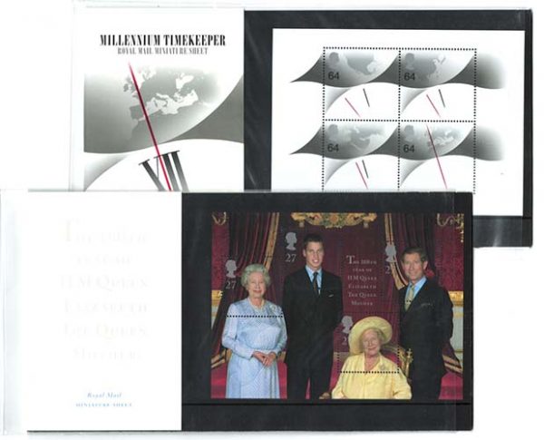 GB 1999 Timekeeper MS pres pack, ditto 2000 Queen Mother