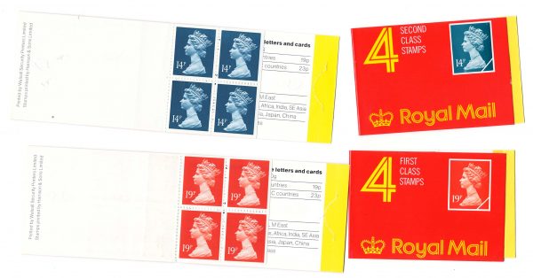 GB Booklets - Window  GB3 4x 14p printed cover Harrison, ditto GD3 4x 19p, then ditto GB4/GD4 Harrison/Walsall