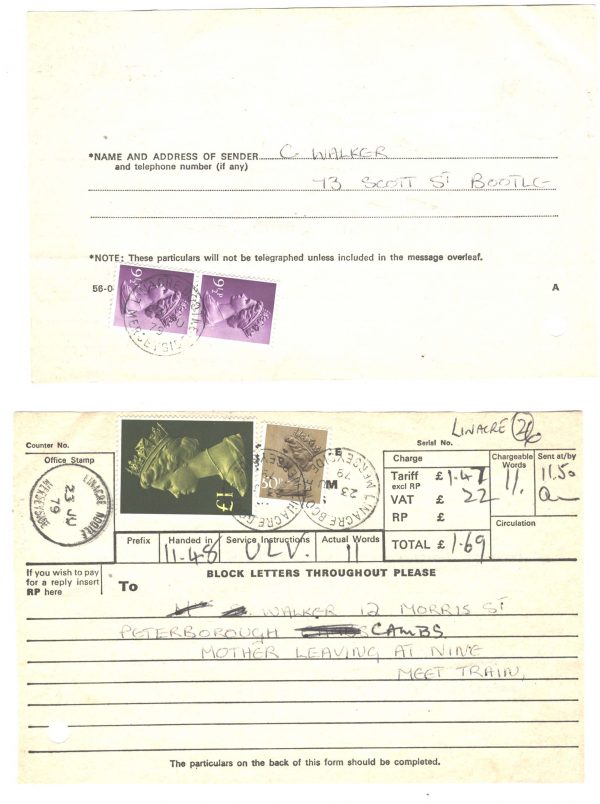 GB 1979 Original telegram form charged £1.69, Machin £1 & 50p fu on front, pair 9½p on back