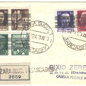 Trieste 1943 Zara ovpts 30c & 25c with se-tenant labels + 50c, 75c fu on cover