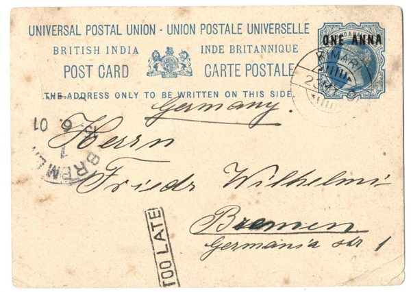 India 1901 1a UPU postal card to Bremen, fine boxed 'Too Late' marking