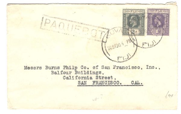 Fiji 1930 Neat cover to San Francisco franked 2d + 1d, Suva cds, fine boxed Paquebot marking