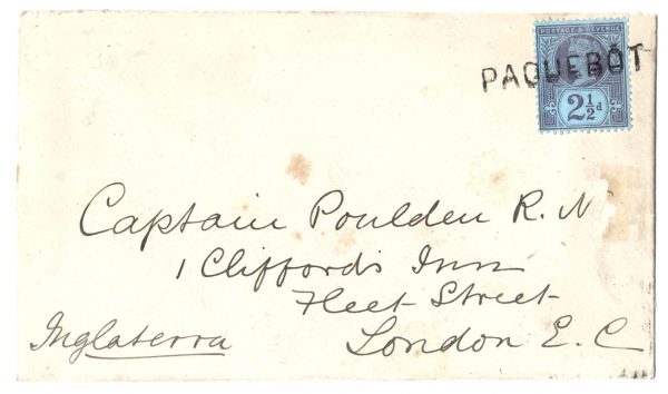 GB 1887 2½d sg201 fu on neat 1897 cover to London, Paquebot cancelling stamp (scarce thus), Lisbon b/stamp