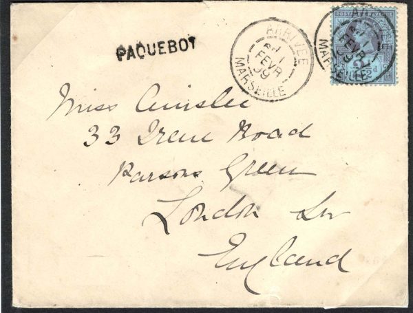 GB 1887 2½d sg201 fu on neat 1889 cover to London, Paquebot, stamp cancelled Marseilles arrival cds