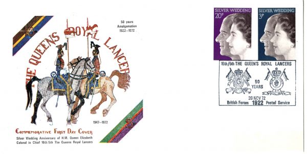 GB 1972 Silver Wedding FDC 5th Queen's Royal Lancers BFPO1922 special cancel, Lancers cover