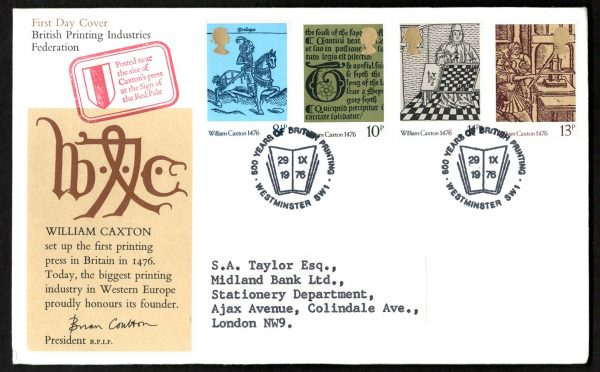 GB 1976 Caxton FDC British Print Industries Federation cover, 500 years of printing special cancel