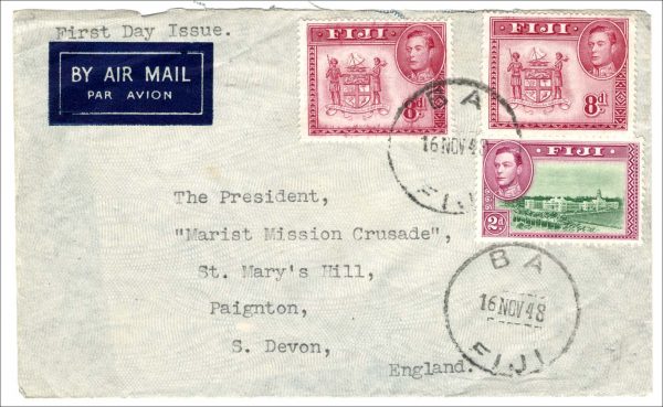 Fiji 1948 2x 8d (+2d) BA/Fiji 16NO48 cds, marked 'First Day' (might have been in BA?)