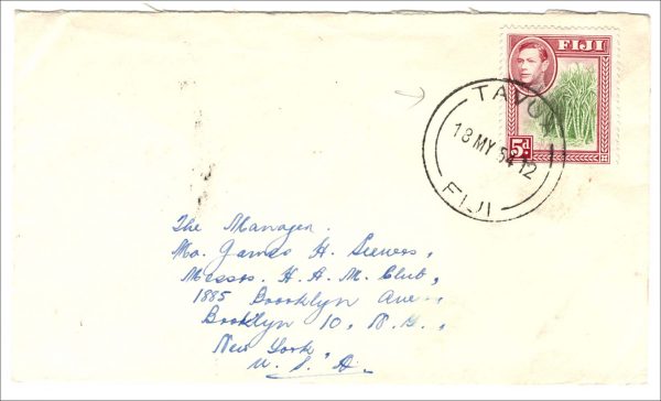 Fiji 1954 KG6 5d fu on neat 1954  cover to New York, TAVUA cds