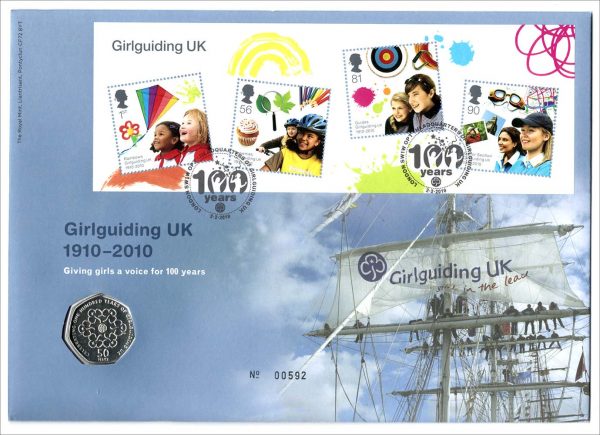 GB 2010 Girl Guides m/sheet PNC cover incl UNC 50p coin