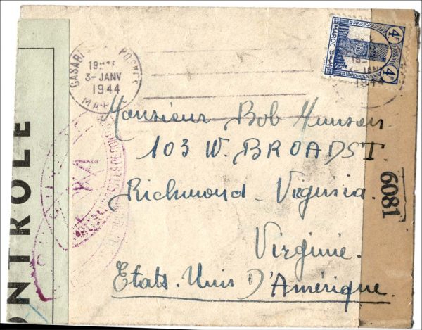 French Morocco 1944 Small doubly censored cover to Richmond, Virginia