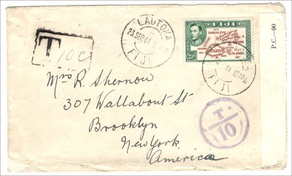 Fiji 1944 Neat censored underpaid cover to USA, 2½d vfu, Lautoka cds, 2x tax h/stamps