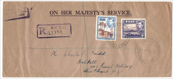 Fiji 1953 Reg Airmail OHMS cover to '#1 Rural Delivery, Christ Church, Az, USA', franked 1d + 2s KG6