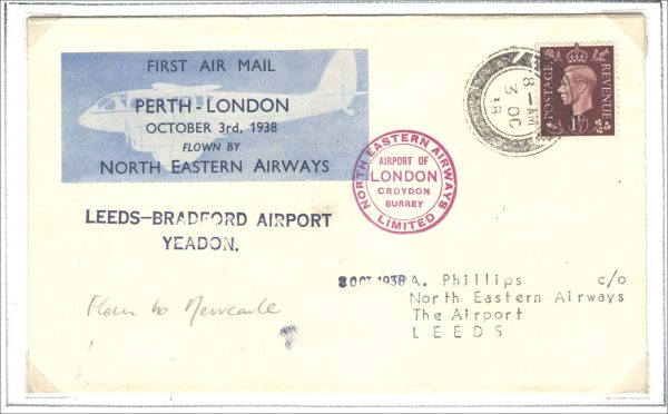 GB 1938 FFC North Eastern Airways, Croydon cachet to Leeds Yeadon 3OC38 - fine