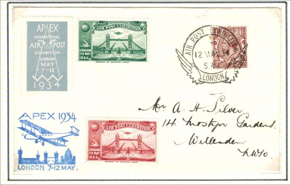 GB 1934 Apex International Airpost Exhibition illus cover, fine 'Winged Sp h/s, 3 diff labels
