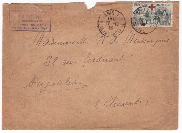 France 1918 Cover Military hospital no 91 20c Croix Rouge charity stamp Paris to Angouleme Neat cancels 18Oct18