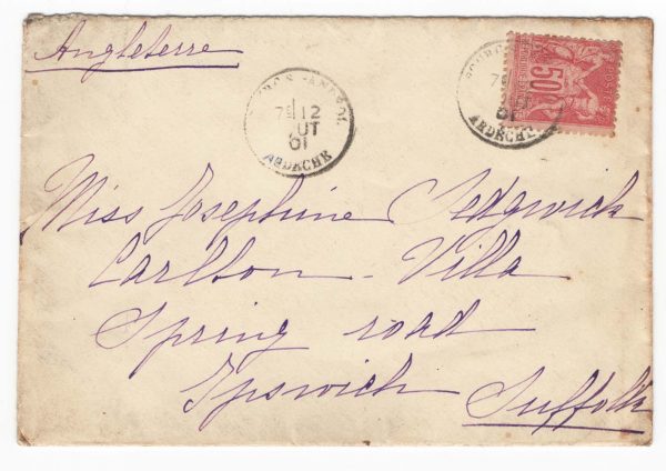 France 1901 Cover 50c P&C Bourg Sr-Andeol, Ardeche to Ipswich 7Aug01