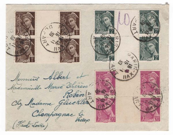 France 1939 Cover 92c in neatly spaced colour blocks of 4. 17eme Paris to Champagne le Vieux, Haute Loire 15Nov39