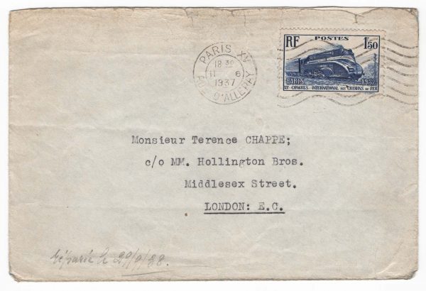 France 1937 Cover 1f 50c 15eme to London neat cancel 11Jun37, railway stamp