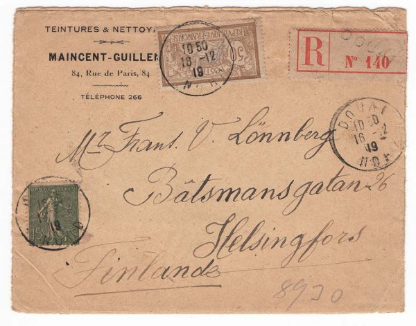 France 1919 Cover 65c Douai, Nord Pas de Calais to Helsinki, Finland 16Dec19
