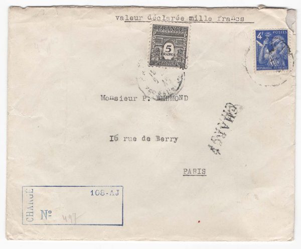 France  Reg Cover franked 9F incl 5f ARC Yv628 (declared value 1000f) to Paris (from an Anonymous Society)