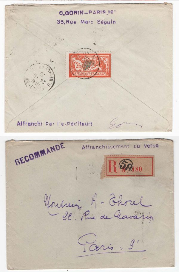 France 1928 Reg cover + enclosed letter franked 2f Merson 18eme to 9eme Paris 24Nov28