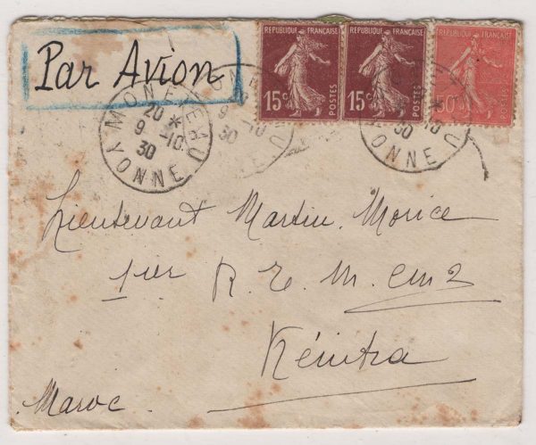 France 1930 Cover 80c military, air mail, Moniteau, Yvonne to Army Post, Kentira Morocco via Marseille + Tanger Cherifien 9Oct30