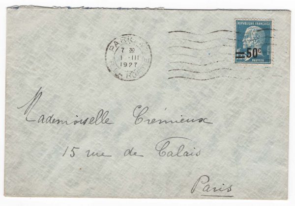 France 1927 Reg cover 50c on 1f 25c Pasteur, Paris to Paris 1Mar27