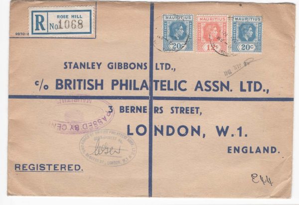 Mauritius 1940 Registered censored cover franked 52c 25Nov40 to Stanley Gibbons, London arrived 8Jan41 (transit!)