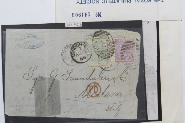 GB 1867 Delicate front 6d purple (watermark spray plate 6) fu sg106 London to Moderna, Italy, red PD cancel, firm's cachet 12Aug68. With RPS cert