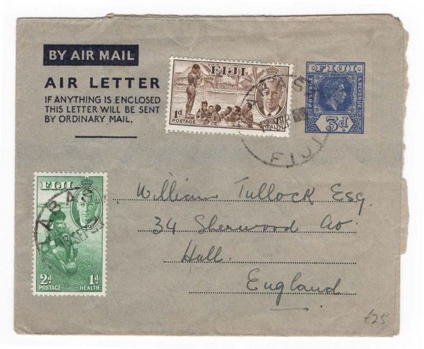 Fiji 1951 3d airletter uprated with 1951 Health pair fu Labasa cds - unusual