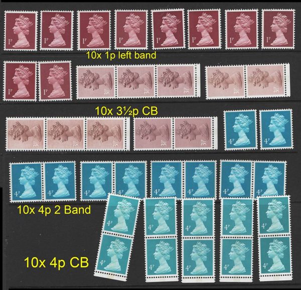 GB Difficult Machins to tuck away 10 of each: 1p LB, 3½p purple-brown CB, 4p blue 2B & CB um