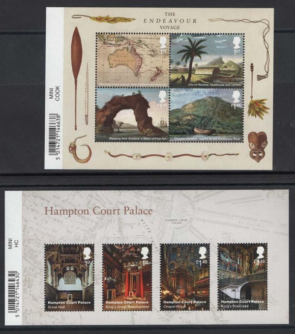 GB 2018 Hampton Court m/sheet with barcode um, ditto Captain Cook face value £12.40