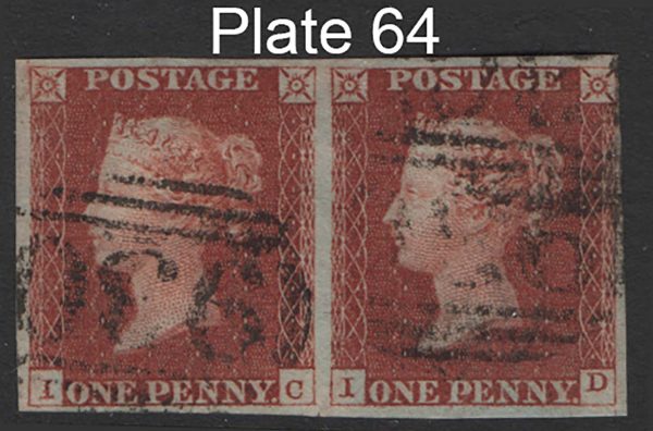 GB 1841 1d red plate 64 IC-ID vfu pair, 4 good-large margins, just touched NE corner on JD