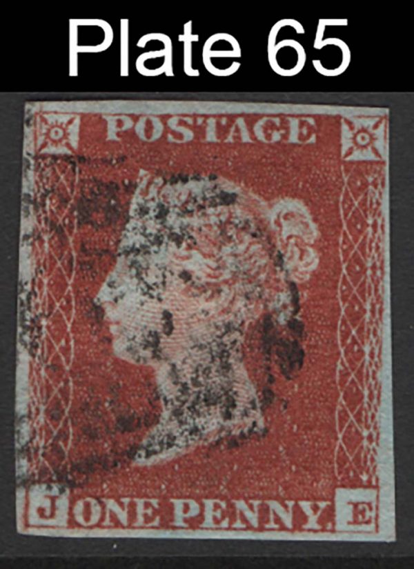 GB 1841 1d red plate 65 JE vfu, 4 good-large margins