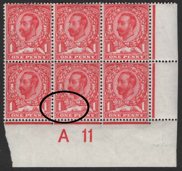 GB 1911 1d die 1b wmk crown sg329var r20/11 white scratch left of lion Spec N8i um A11(c) corner blk of 6 perf type 2