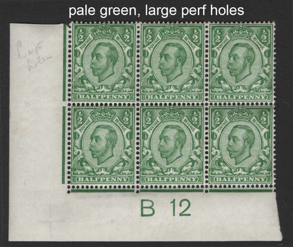 GB 1911 ½d die 2 wmk crown pale green sg339var Spec N4(2) vf mint B12(c) corner blk of 6, perf type 2, (3x um) B12 in light type, large perf holes c£180 as singles