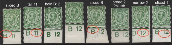 GB 1911 ½d die 2 wmk crown sg339 8x f mint B12 singles: range of shades, broken control letters, settings, etc , one with a hint of bluish