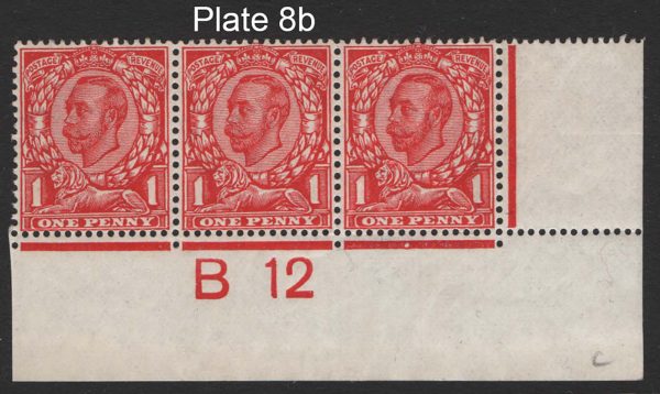 GB 1911 1d die 2 wmk crown sg342 B12(c) plate 8b corner strip of 3 um, perf type 2