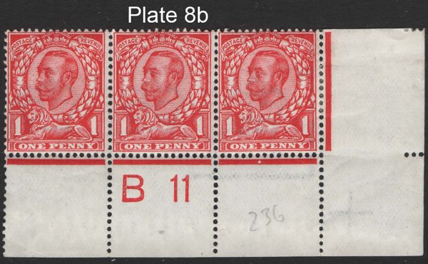 GB 1911 1d die 2 wmk crown sg342 B11 plate 8b corner strip of 3 f mint, perf type 2A, heavy mount in right margin