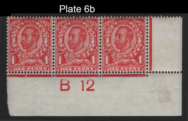 GB 1911 1d die 2 wmk crown sg342 B12(c) plate 6b corner strip of 3 um, perf type 2