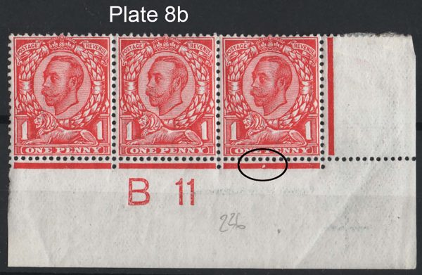 GB 1911 1d die 2 wmk crown sg342 B11 plate 8b corner strip of 3 f mint, perf type 2