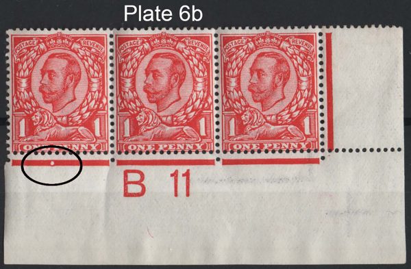 GB 1911 1d die 2 wmk crown sg342 B11 plate 6b corner strip of 3 vf mint, perf type 2