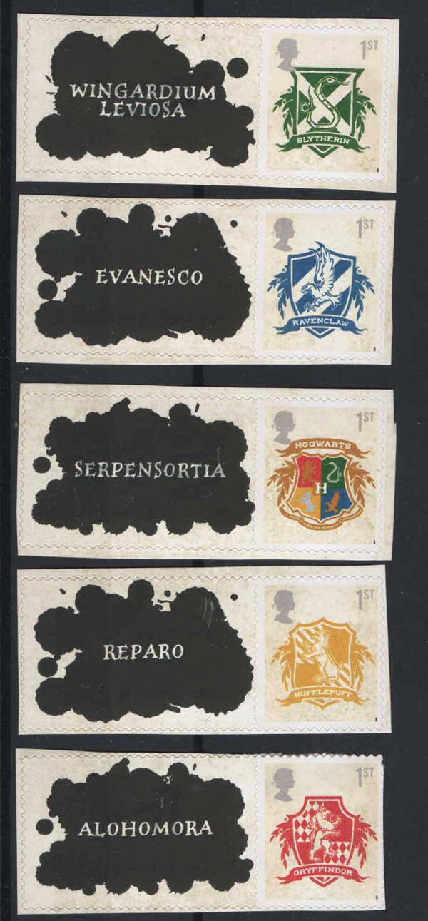 GB 2007 Harry Potter set of 5 1st class (as in the m/sheet) with Hogwarts Smilers labels attached um