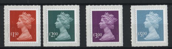 GB 2009 Machin £1.50 - £5 s/adhesive set of 4 um Security Feature High values (DLR)