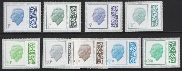 GB 2023 Charles Defins 1p, 2p, 5p, 10p, 20p, 50p, £1, £2, £5 um all code M23L