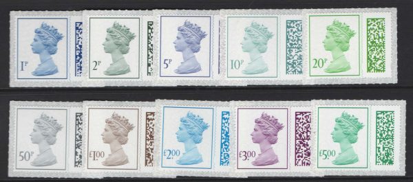 GB 2022 QE Barcoded Defins 1p, 2p, 5p, 10p, 20p, 50p, £1, £2, £3, £5 um all code M22L