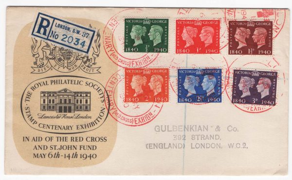 GB 1940 Centenary set on registered illustrated FDC, London Red Cross Exhibition red cancels c£55