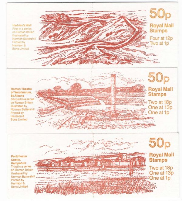 GB Booklets - Folded (good perfs)  FB34 50p Roman Britain #1 good perfs, ditto #2 and #3 FB37-8