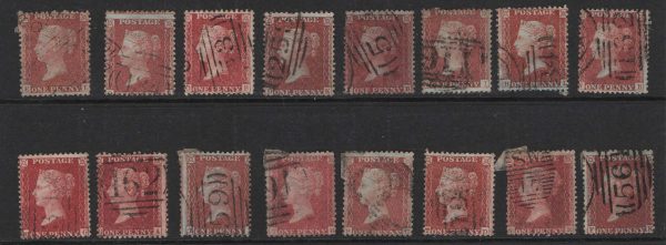 GB 1854 16x 1d red stars fu-vfu, mostly blued paper sg29, etc