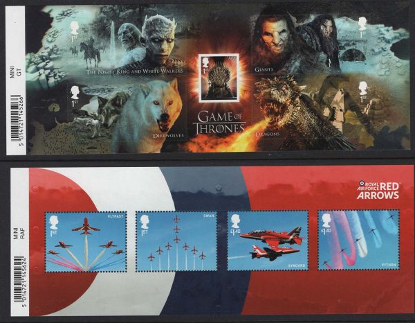 GB 2018 Games of Thrones and Red Arrows m/sheets um (with barcode) face £14.35